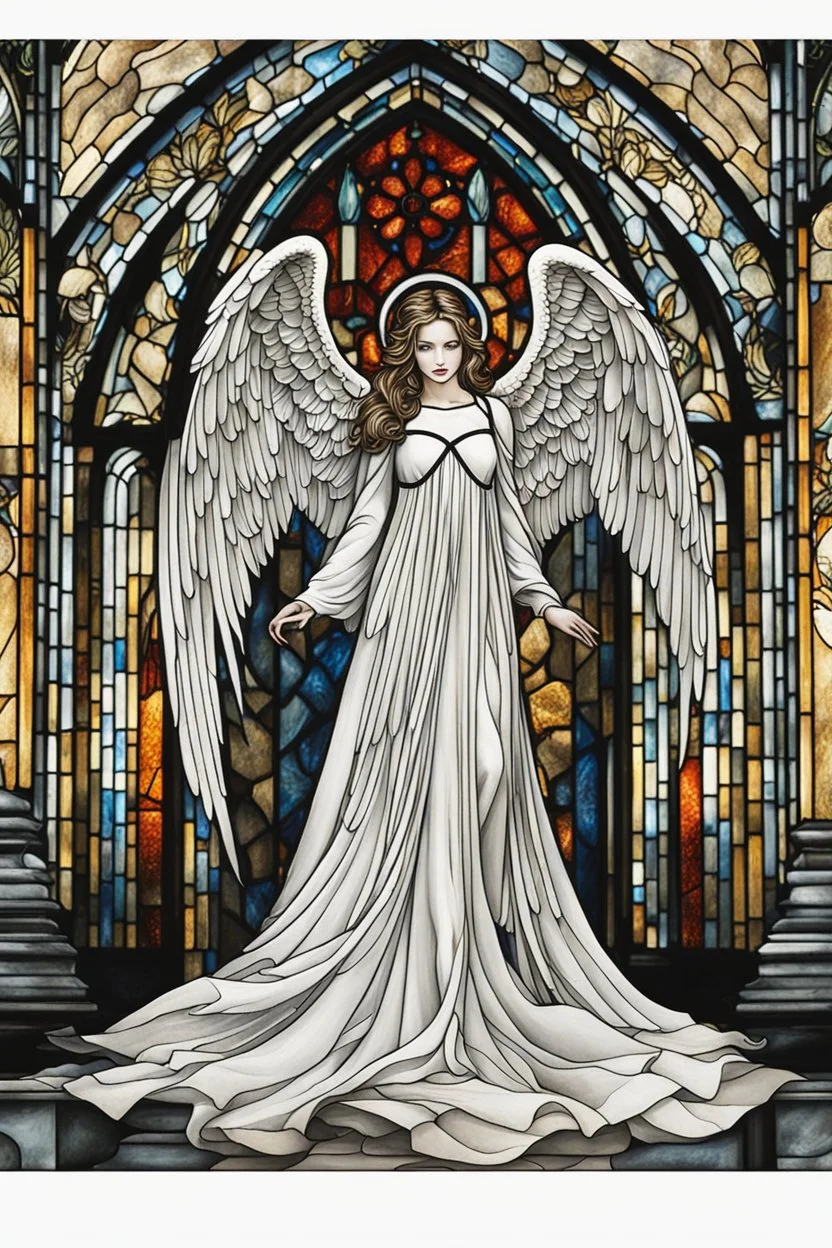 surreal ultra detailed illustration of a gothic fallen angel, stained glass window behind, cathedral environment,rotten white angel wings,elaborately decorated worn black dress, art by Mschiffer, best quality, backlit, dark, eerie, nightmarish,