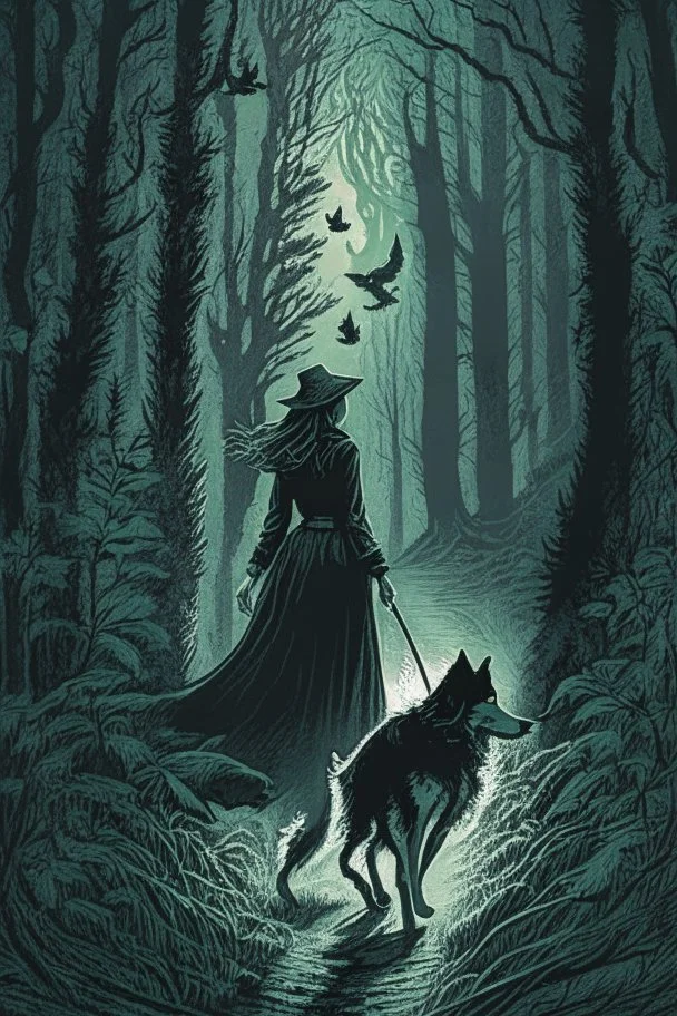 in the style of a Henry Justice Ford drawing, a beautiful witch walks through a dark forest, ahead of her is a dog