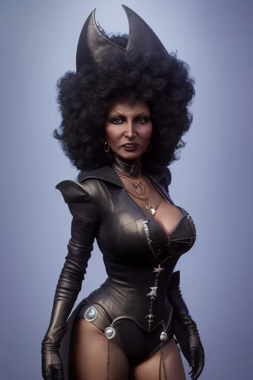 Pam Grier as evil queen in black leather, leather, busty, cleavage, angry, stern look. character design by cory loftis, fenghua zhong, ryohei hase, ismail inceoglu and ruan jia. unreal engine 5, artistic lighting, highly detailed, photorealistic, fantasy