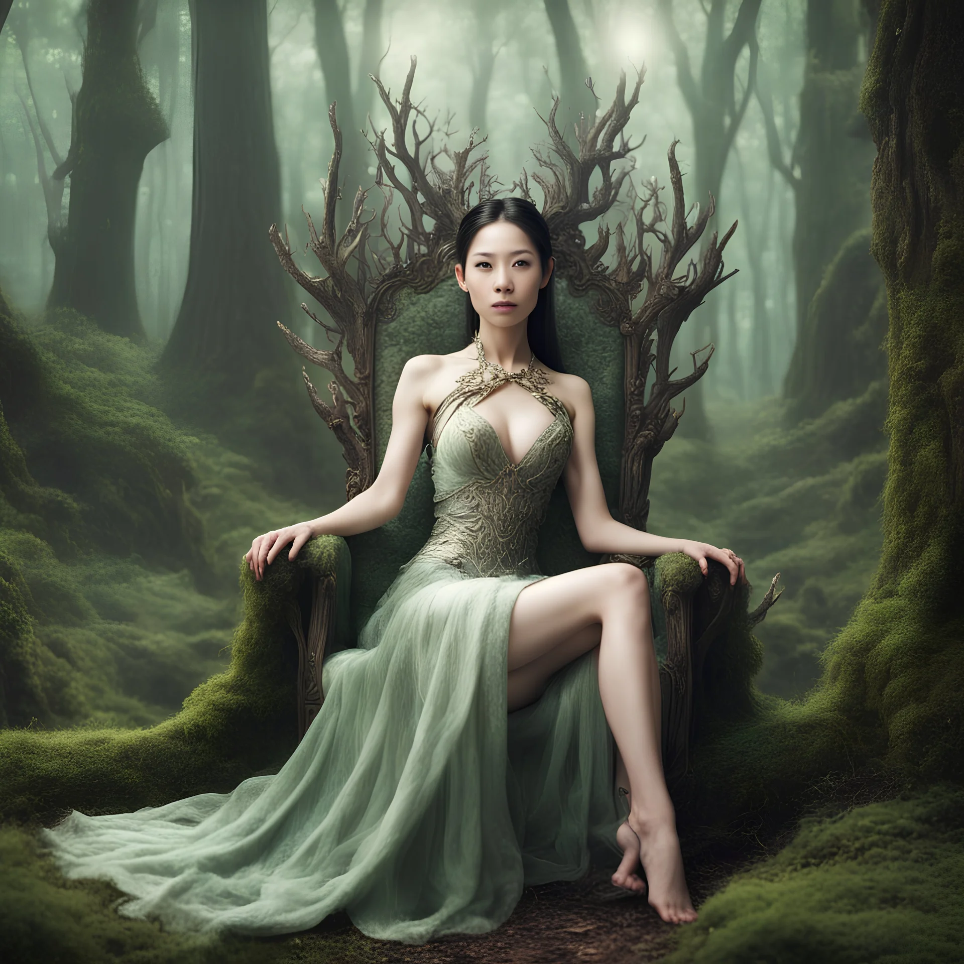 A beautiful as a model asian woodland elf princess who looks like Lucy Liu seated on a throne in a mystical forest