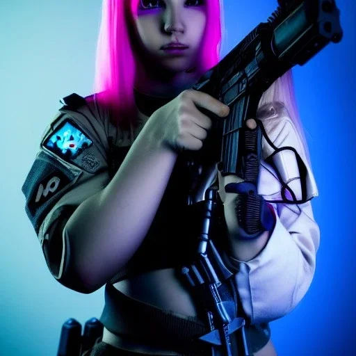 A cyberpunk millitary girl, super high quality, girl portrait, cyberpunk, sniper girl, gun girl, pretty, blue purple lights