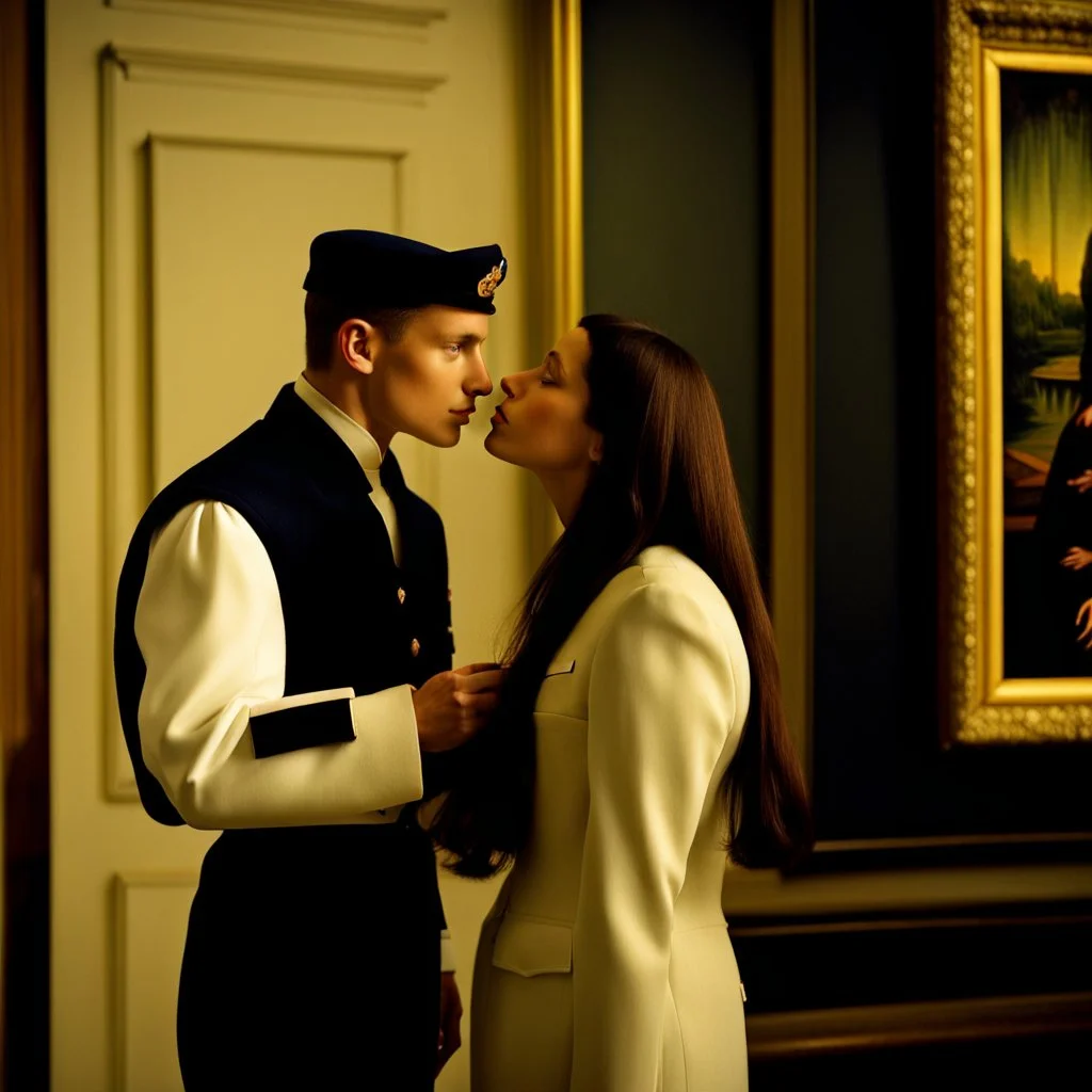 Mona Lisa comes out of the picture and kisses a young navy officer who is standing in the museum looking at her picture