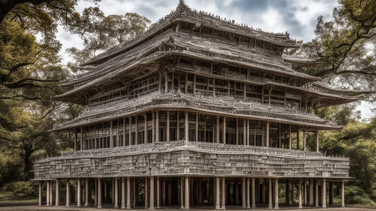 Pavilion made from hundreds of old newspapers, amazing detail, beautiful composition, award-winning photograph, astonishing realism, 28mm lens, adjust perspective