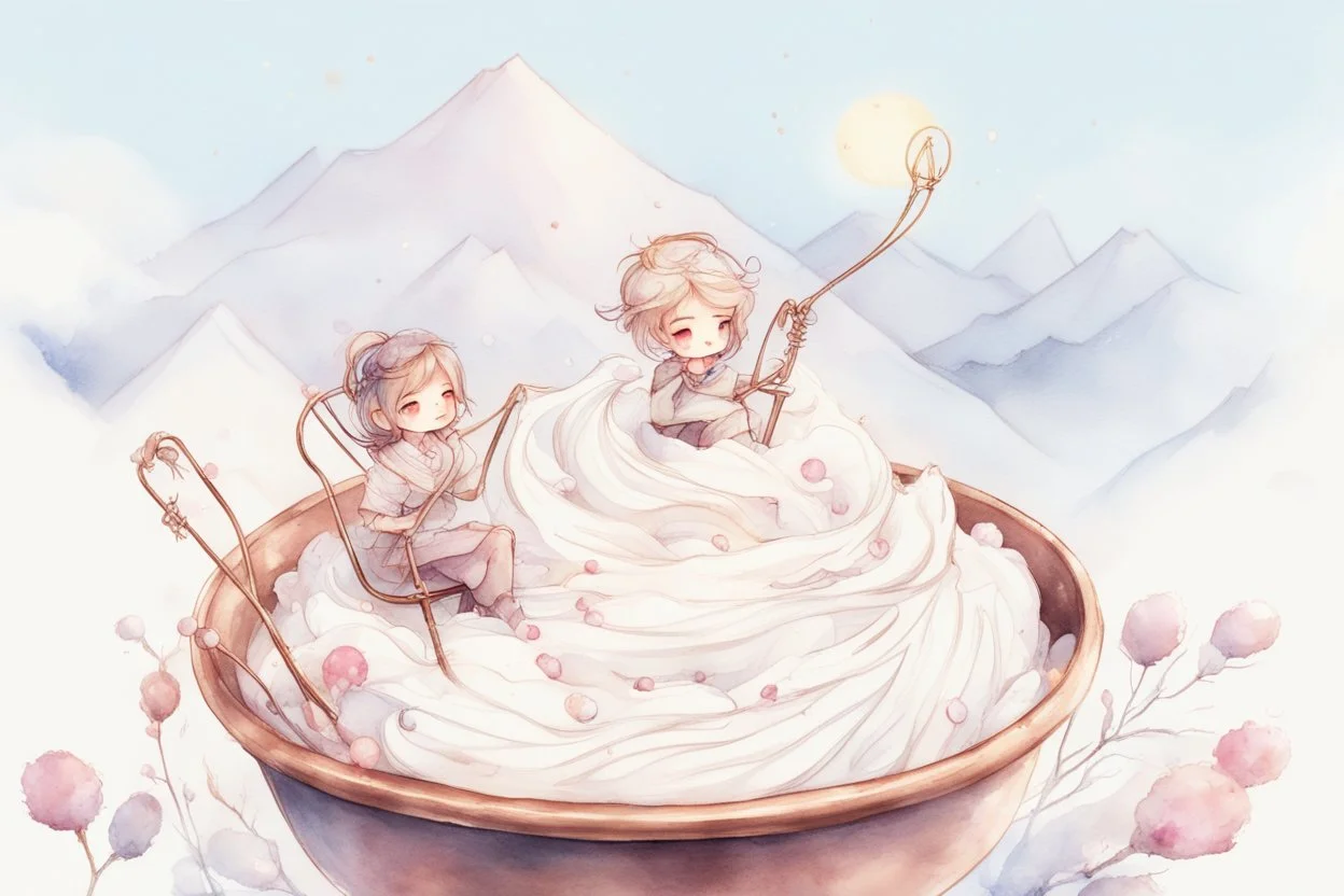 whipped cream peaks in a copper whisk (60% of the picture), cute chibi kids sledding down the peaks, a wire whisk next to the cauldron, raspberry seeds in sunshine, watercolor and black ink outlines, sparkling golden glitter, ethereal, cinematic postprocessing, bokeh, dof