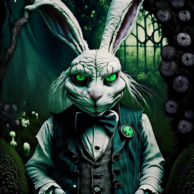 portrait of strange, creepy alien looking white rabbit with evil frown on face from Alice in Wonderland wearing a waistcoat, in garden, Tim Burton, Dr Suess, Terry Gilliam, Salvador Dali, dark moody,dystopia, sinister, evil, bizarre, nightmare