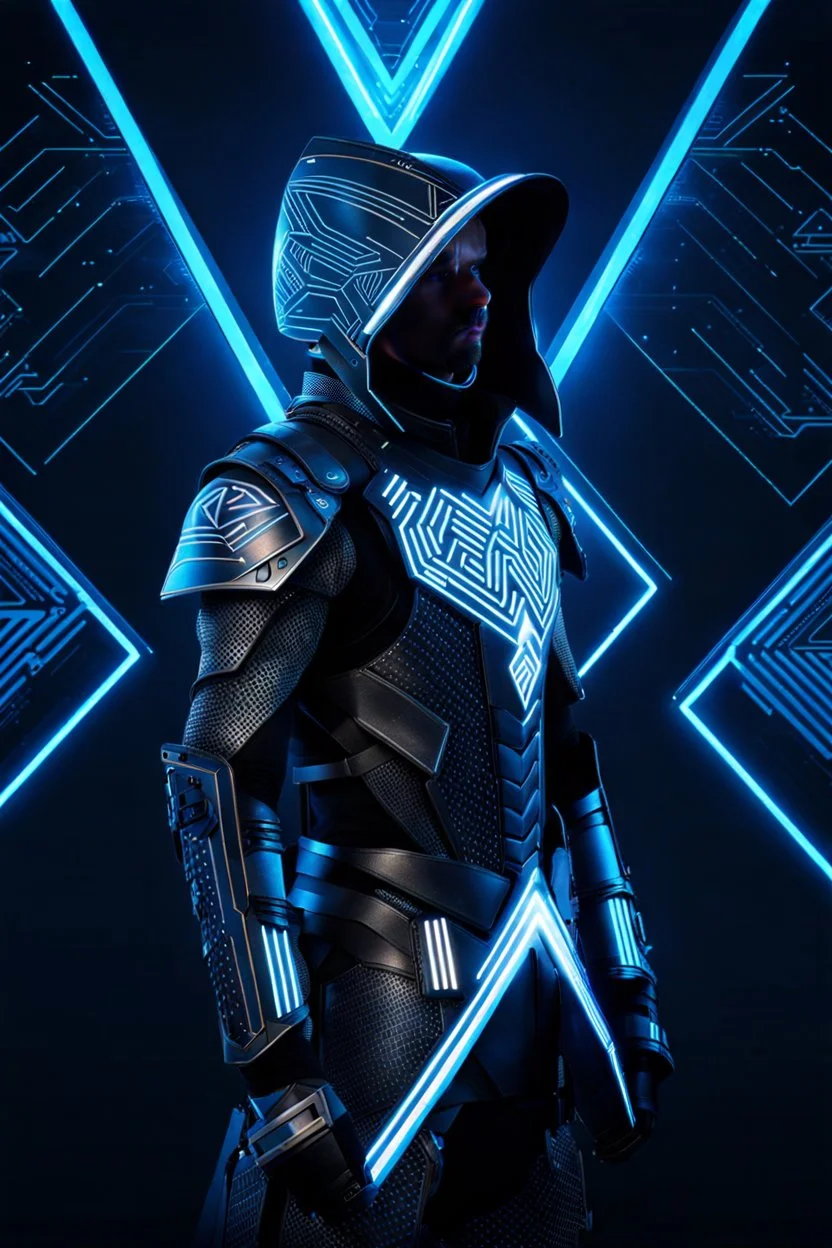 cyberpunk, neon blue, floating triangle of light behind the back, cyber armor, geometric patterns on an armor, male, orbiting triangle