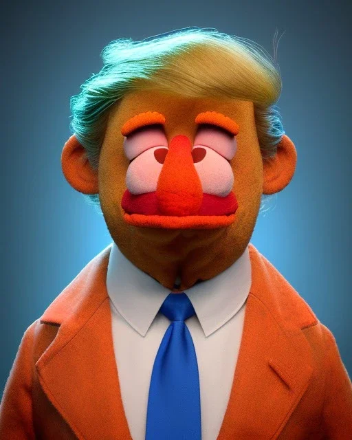 Waist up Portrait, Donald trump muppet, Sesame Street style, retro style, photo studio, blue background, unreal engine 5, god lights, ray tracing, RTX, lumen lighting, ultra detail, volumetric lighting, 3d.