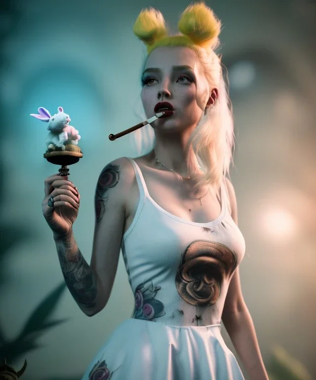 Ultra realistic wonderland photo, happy blonde Alice smoking a pipe, blue dress, white rabbit pet, circus dress style, old school tattoo, smoke, marijuana garden, glow eyes, perfect iris, soft color, highly detailed, unreal engine 5, ray tracing, RTX, lumen lighting, ultra detail, volumetric lighting, high definition.