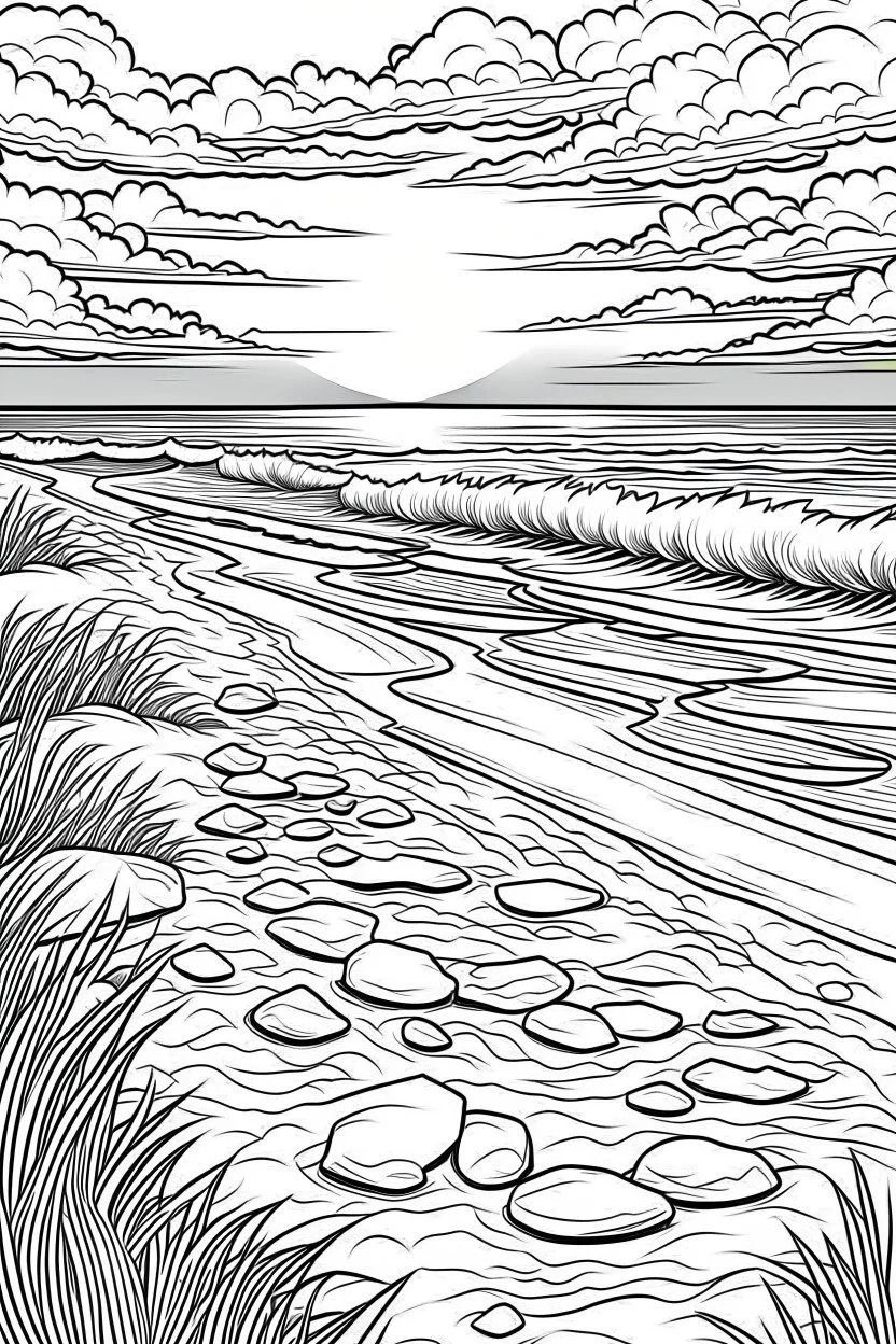 A serene beach at sunset, with footprints leading into the distance along the shore, evokes a sense of relaxation and escape from daily constraints., coloring book page, simple and clean line art, adult drawing book, black and white, crisp black lines, no shades, sharp lines, coloring book for adults, cartoon style, landscape