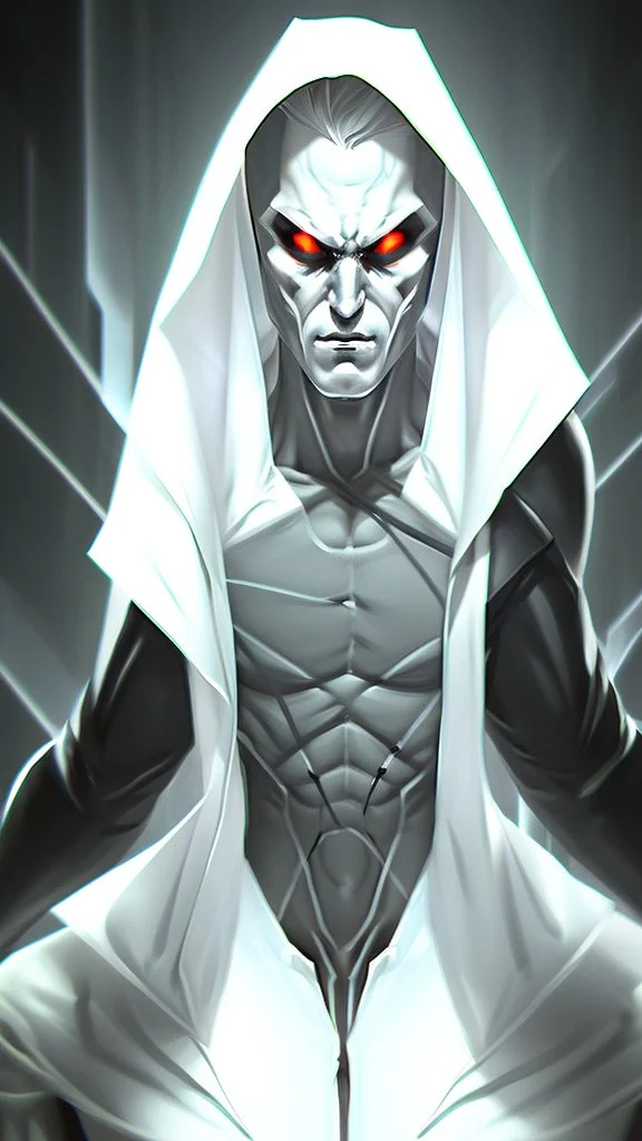 Concept art of a computer game character, blackandwhite, in two projections, An assassin man in a white hooded suit, evil look, evil smile, glowing red background, black lines, blond hair, black eyes