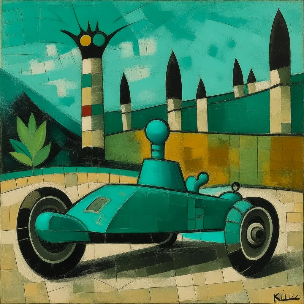 A blackish teal racecar theme park painted by Paul Klee