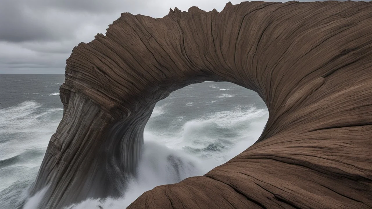 a thick hollow twisting tree trunk rises out of the raging sea, a whirlpool inside the base of the spire
