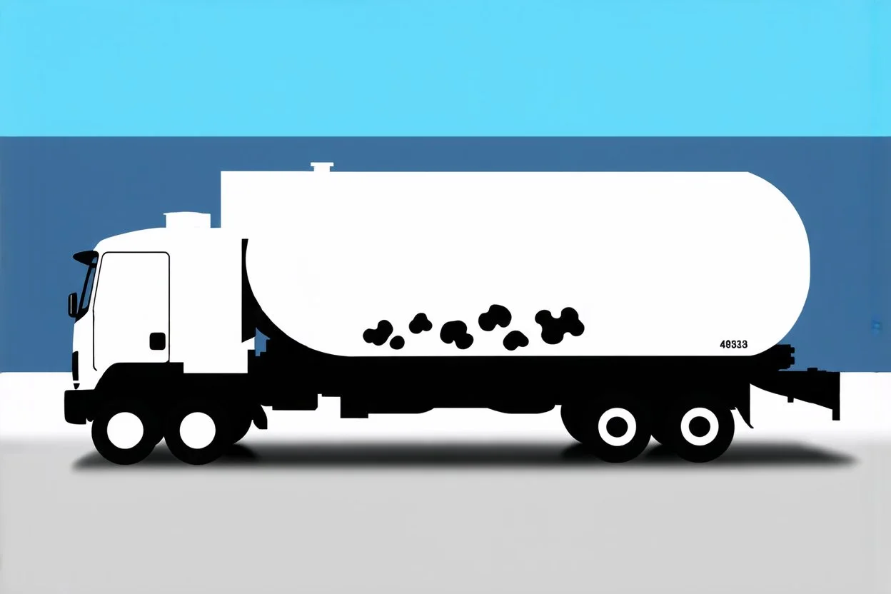 side view of a white fuel tank truck with black cow spots