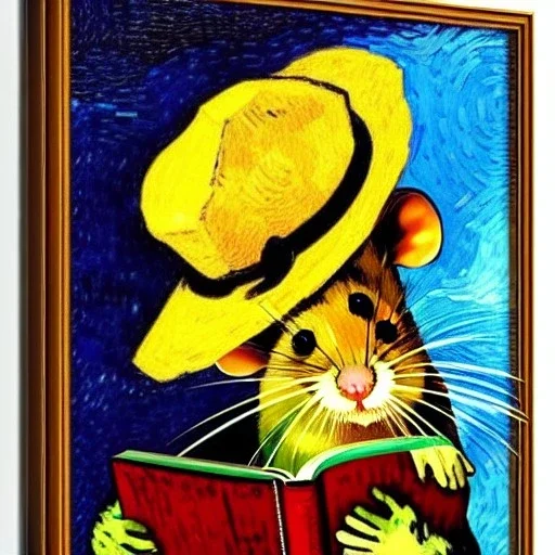 oil portrait of a mouse with hat reading a book by Van Gogh 8k