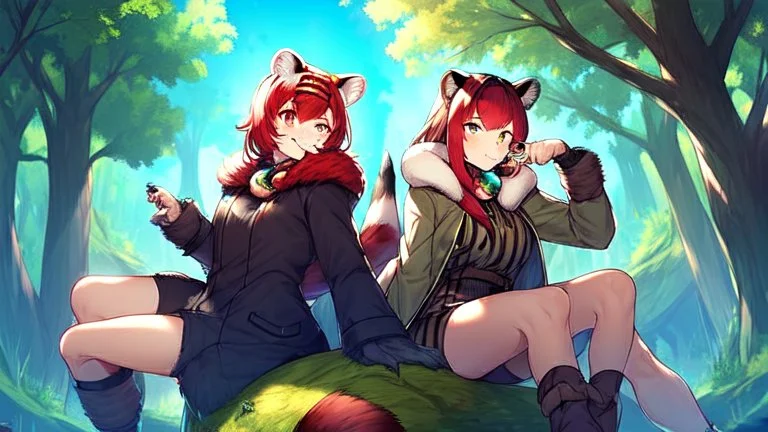 Two Girls, red hair, raccoon ears, raccoon tail, raccoon muzzle on face, forest, sit on tree, raccoon paws on hand, paws on foot, coat on neck,with tongue out