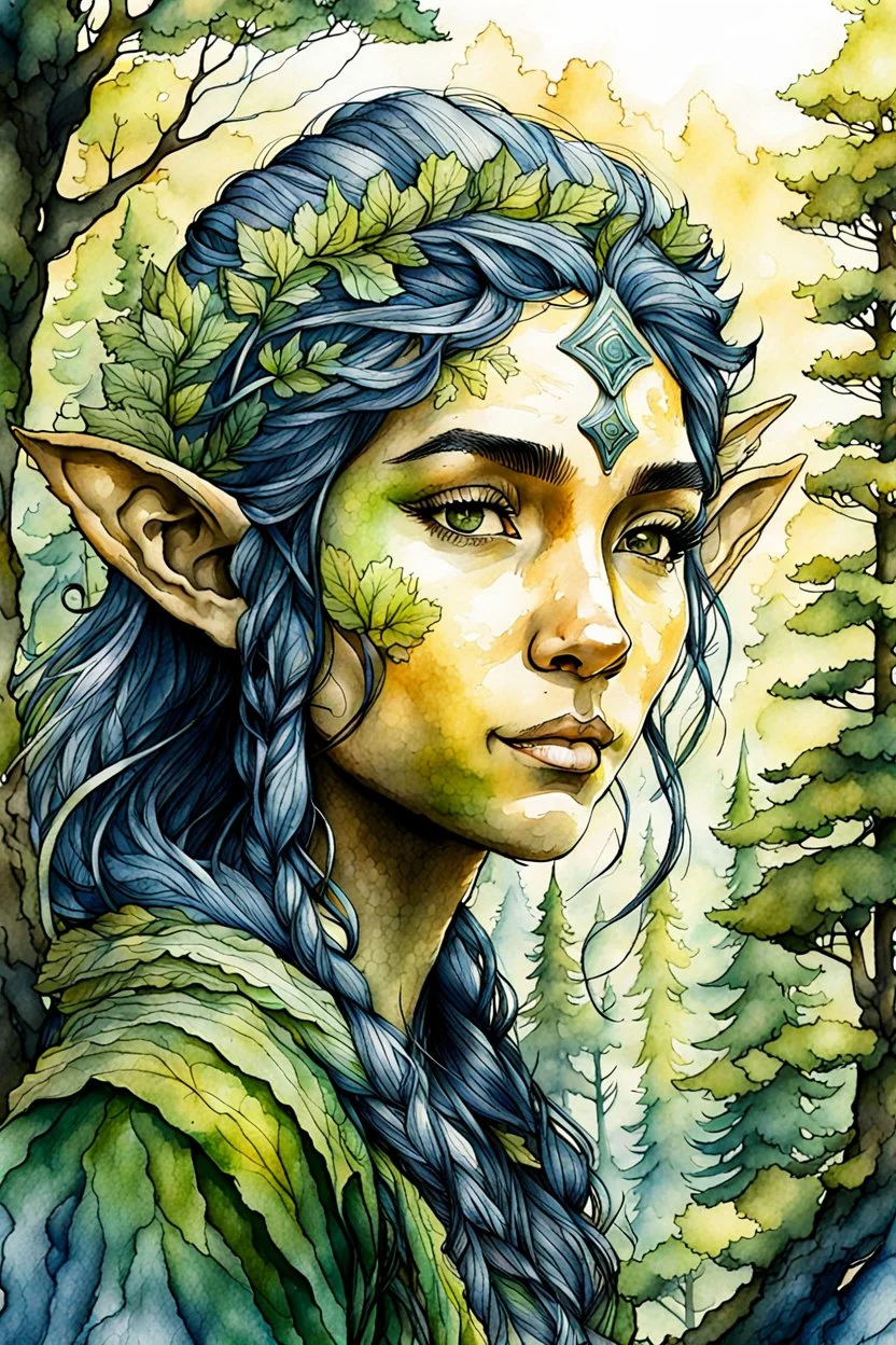 create in ink wash and watercolor portrait of a young, nomadic forest elf female fantasy art character, with highly detailed, sharply lined and deeply weathered facial features, in a primeval forest landscape , finely inked, 4k in the style of Maxfield Parrish