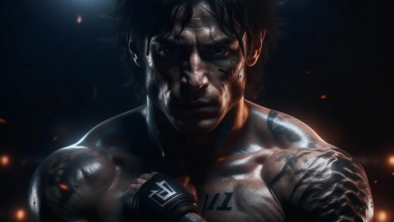 4k full realism full details logo combattant UFC homme cheveux noirs yeux noirs cyberpunk firestarter hardrock emission radio pyromane