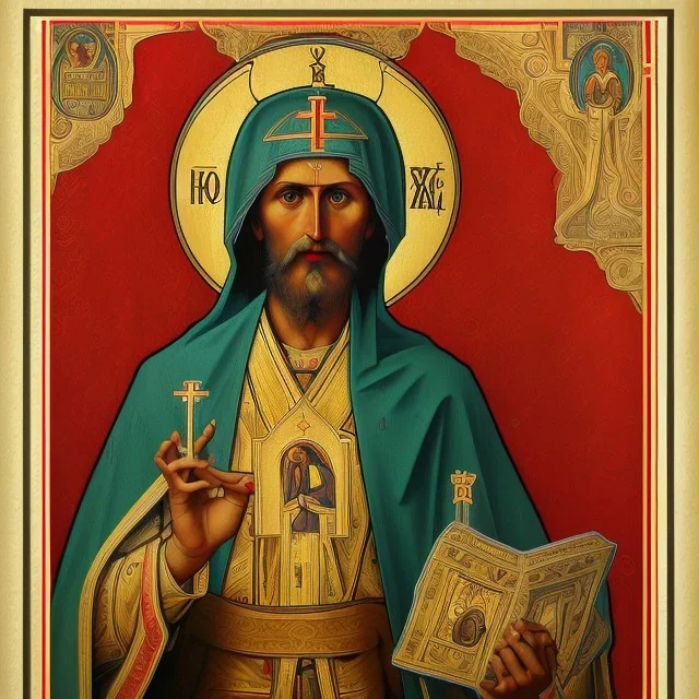 orthodox icon with saint, patron of photographers holding a camera in one hand and 35mm film in the other.. Cyrillic inscriptions are the names of photographic brands. hyperdetailed, Alphonse Mucha, Zdzisław Beksiński, poster, illustration, ink, oil on canvas, 18th century atlas