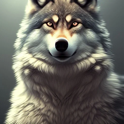 Anthropomorphic wolf, cute, hyperrealism, 8K, masterpiece, expert, cinematic lighting, sharp focus