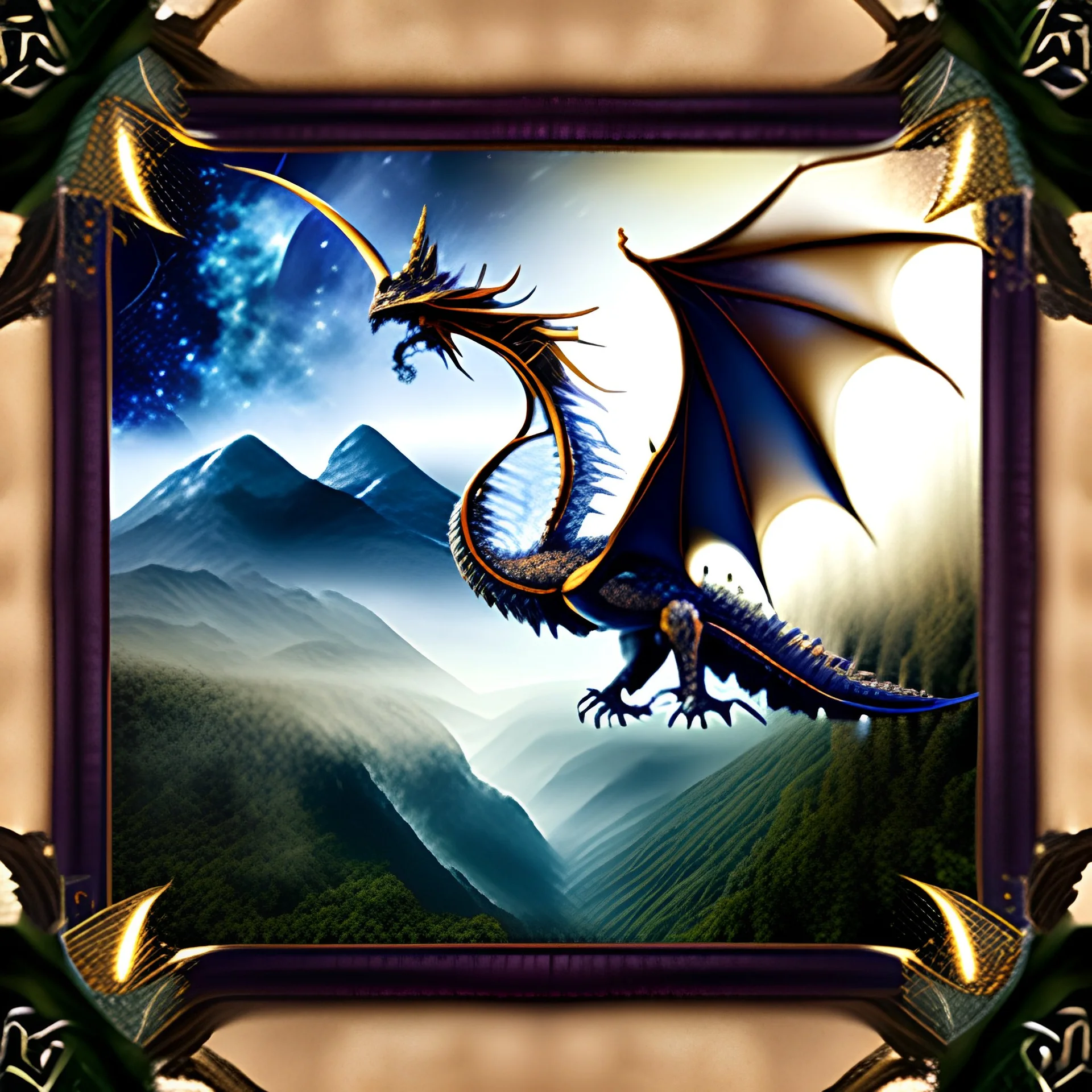 image framed with a thin border of celtic designs, story book cover format, A winged celestial dragon in flight above a forested mountain, against a background of brilliantly glittering stars, hd 4k, fine sharp detail