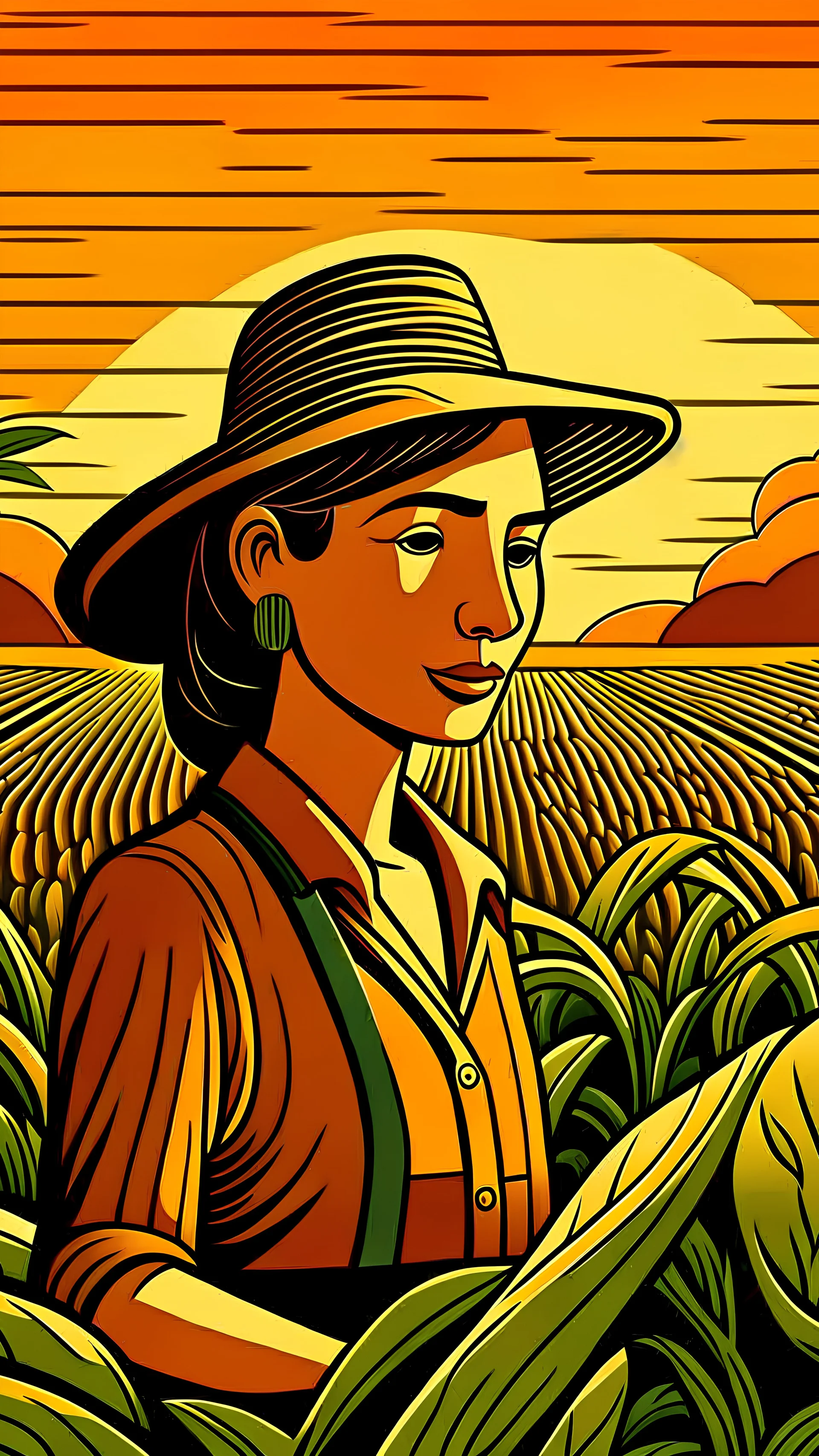 farmer, young woman, happy, sunset, planting corn, ground, dirt, woodcut, Woodblock printing, xilogravura, Livio Abramo, Sérvulo Esmeraldo, Tarsila do Amaral, ultra sharp 8k uhd smooth sharp focus highly detailed hd trending on artforum illustration digital, head and shoulders