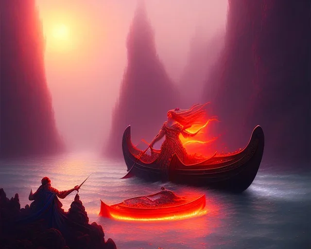 sango fantasy, fantasy magic, intricate, sharp focus, illustration, highly detailed, digital painting, concept art, matte, Greek mythology Charon ferryman in boat on river styx, sharp jagged rocks, red purple blue colours, red hot lava river