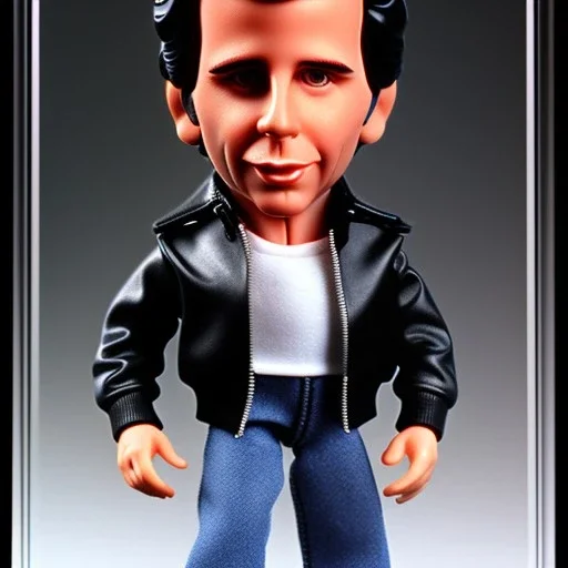 wide view young Plastic Fonzie with black hair greaser toy Action figure doll 1975 (thumbs-up) (face) Forehead grin, fonzarelli, jukebox background, eyes fonzi fonz