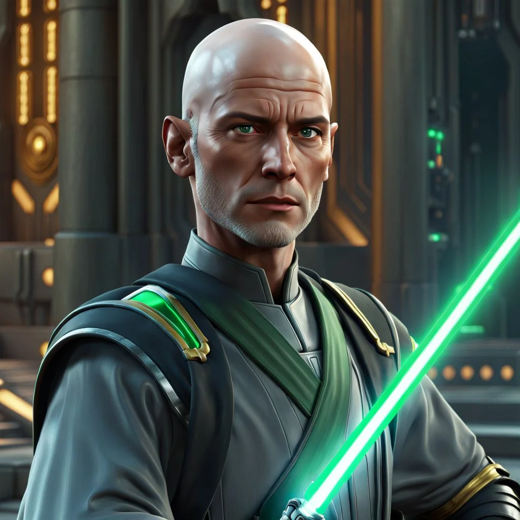 star wars bald male corellian jedi pilot wearing black and gunmetal grey old republic armored robes with gold trim inside the jedi temple holding a lightsaber with viridian green blade in left hand, centered head and shoulders portrait, hyperdetailed, dynamic lighting, hyperdetailed background, 8k resolution, volumetric lighting, light skin, fully symmetric details