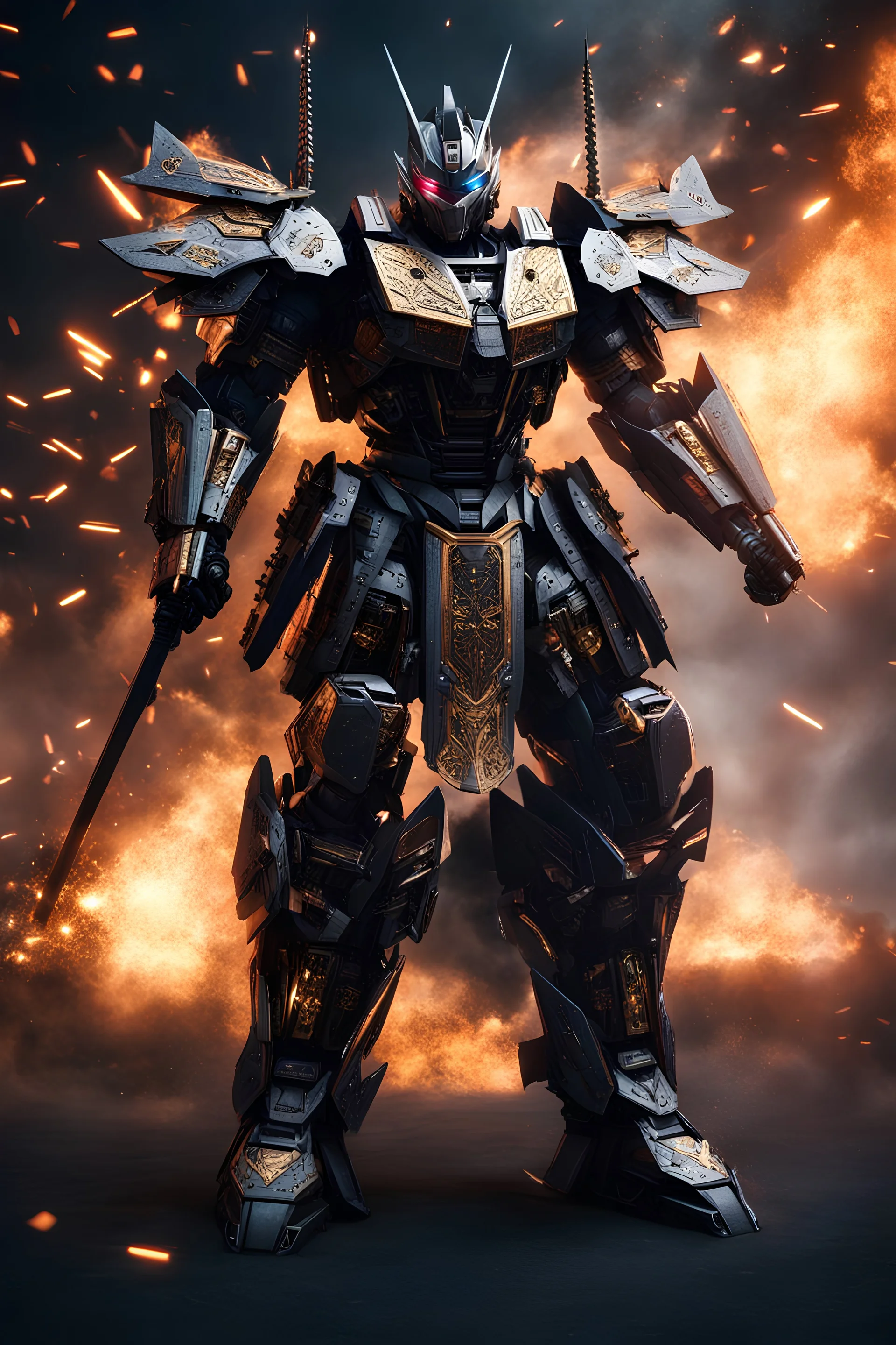 Samurai X in a robot transformer, super suit with spikes on his arms and shoulders, explode, hdr, (intricate details, hyperdetailed:1.16), piercing look, cinematic, intense, cinematic composition, cinematic lighting, color grading, focused, (dark background:1.1) by. Addie digi