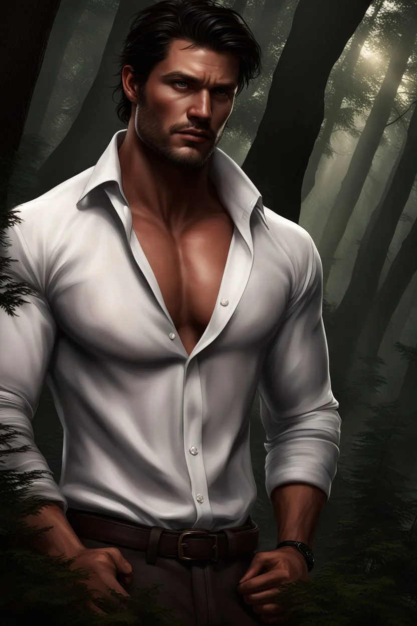 Ultra realistic photograph of muscular male in white button up shirt, dark hair cut short and stubble on chin, dark fantasy forest