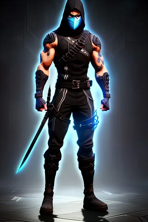 muscular ninja assassin, athletic build, wearing black and gray baggy pants with pockets, black hood and black balaclava mask, buckles, straps, pockets, daggers around arms, tan skin, big boots, dark hazel eyes, eyes are both in proportion, 3/4 look, standing, dark cobblestone alley, one halo candle light behind head, intense, non photorealistic rendering in the art style of j.scott campbell