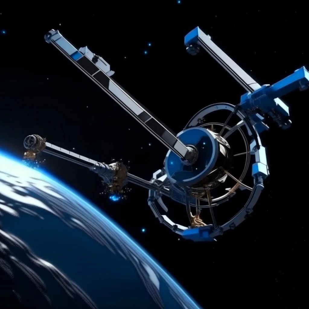 In a sci-fi starry sky background, a slender space flexible robotic arm is located on the satellite in the frame.