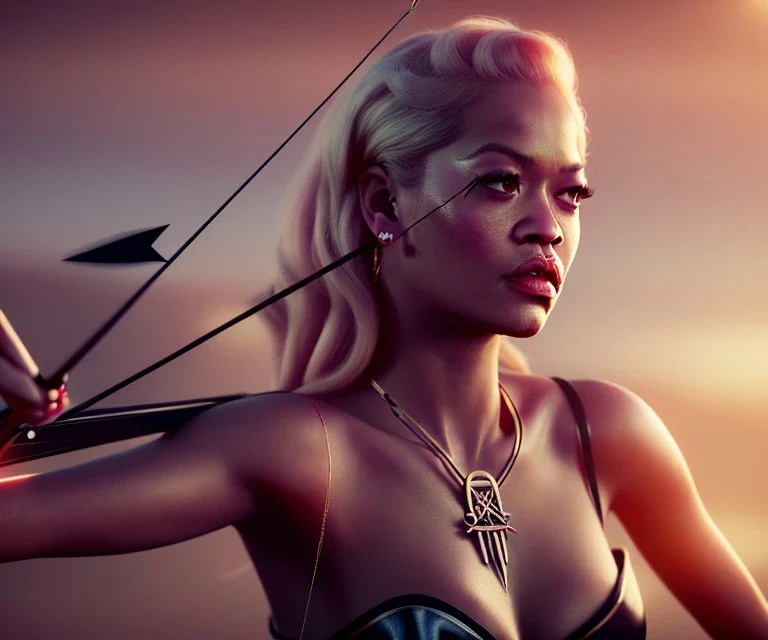 Rita ora, close up, aiming bow, holding arrow, burning arrow, long curly black hair, necklace, hands