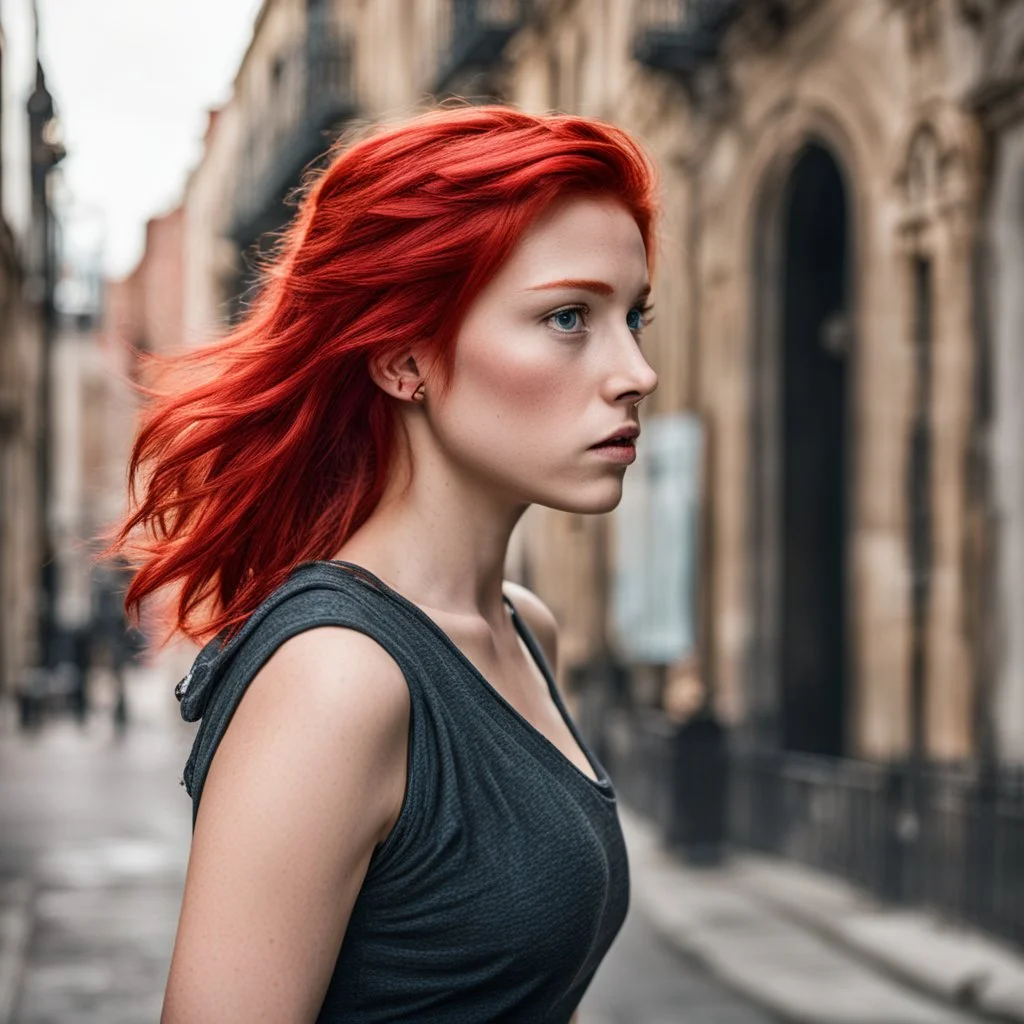 a girl with bright red hair, looking over her shoulder, scared, walking along a bust street