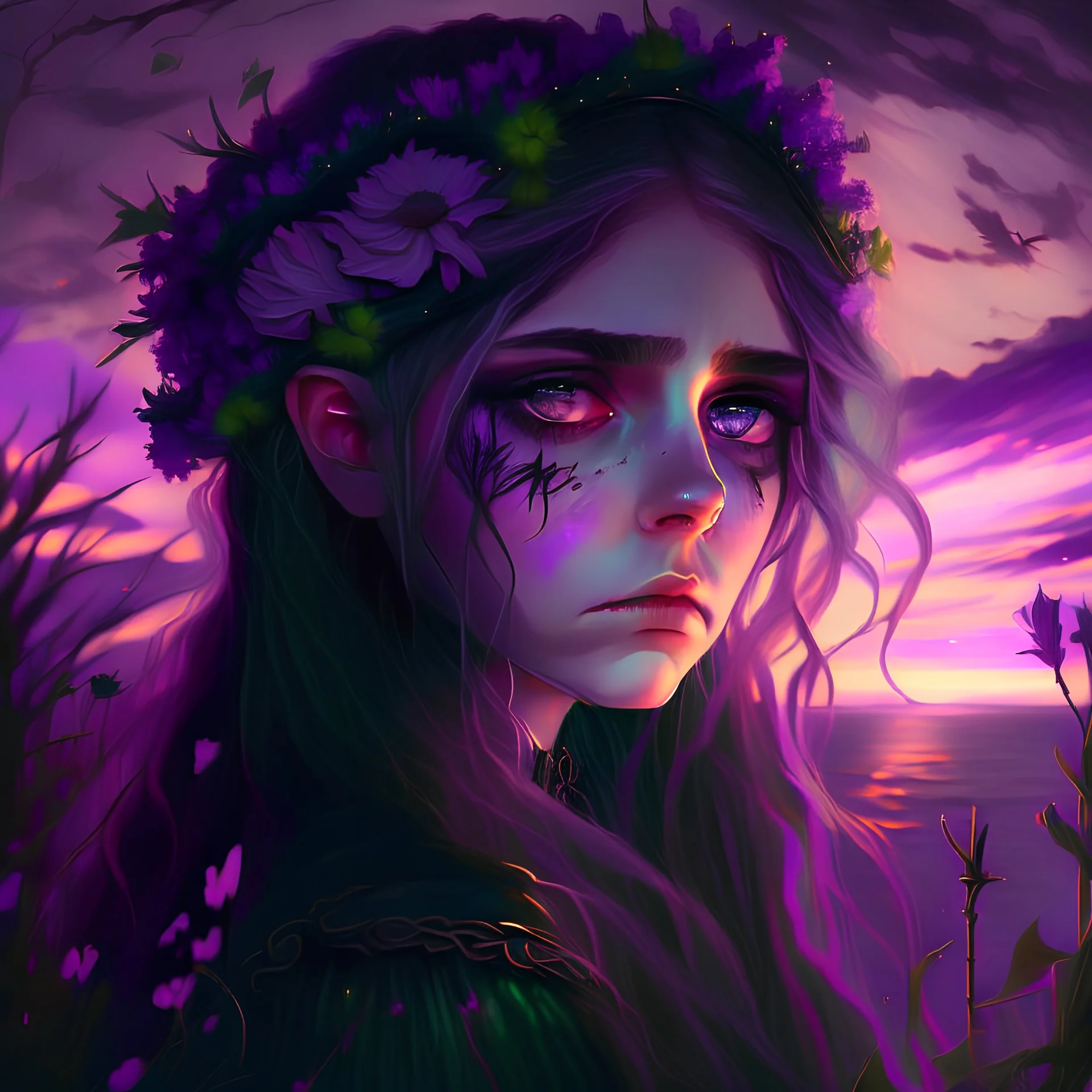 magical, purple pastel, dark sunset, female woman, light green eyes, flowers, portrait, princess, gothic, frowning