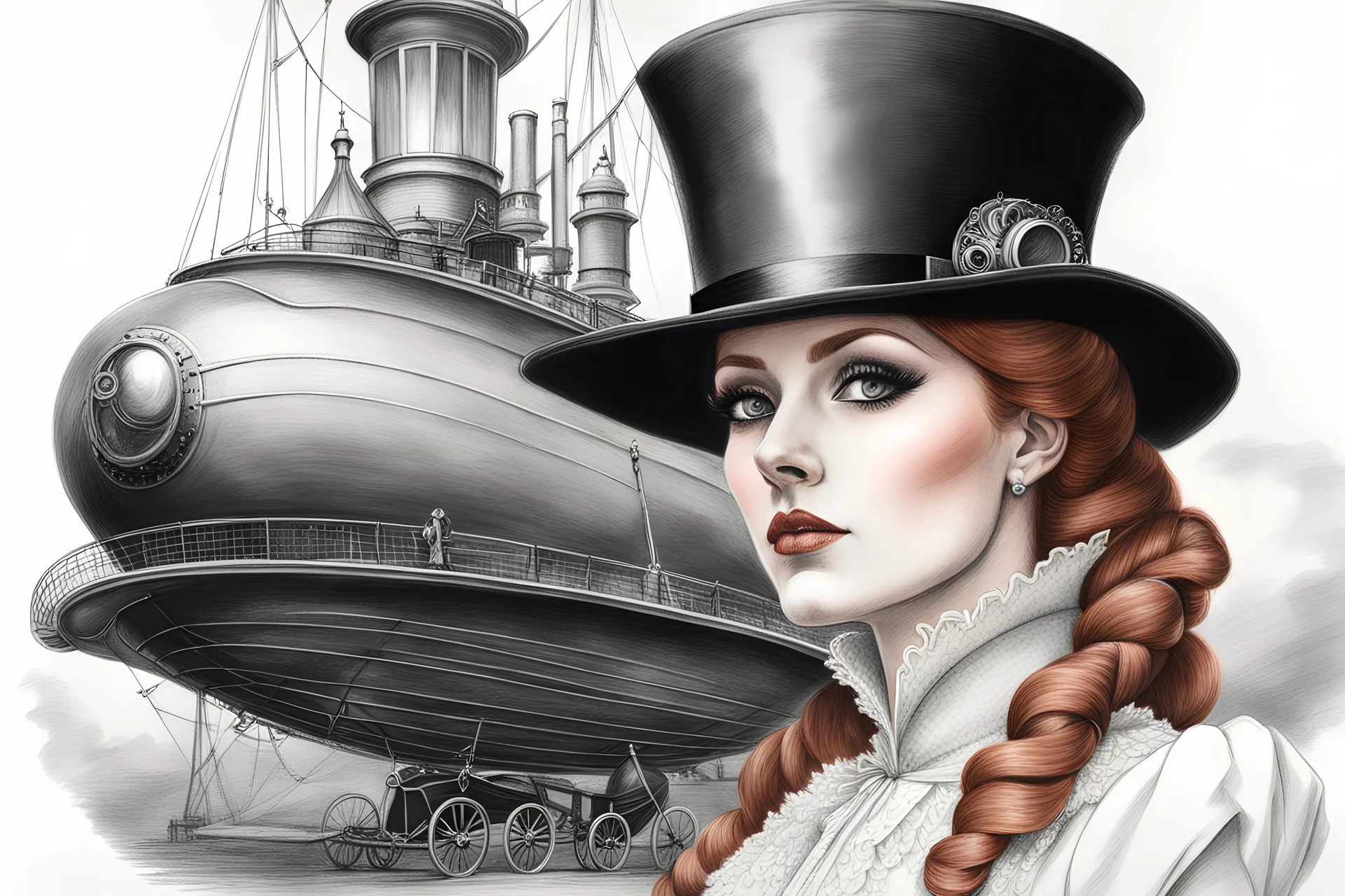 detailed pencil sketch of a athletic petite pale russian redhead woman 30yo, long eye lashes, eye shadow, eye liner, Wearing A victorian Dress and top hat with goggles on the hat by an air ship