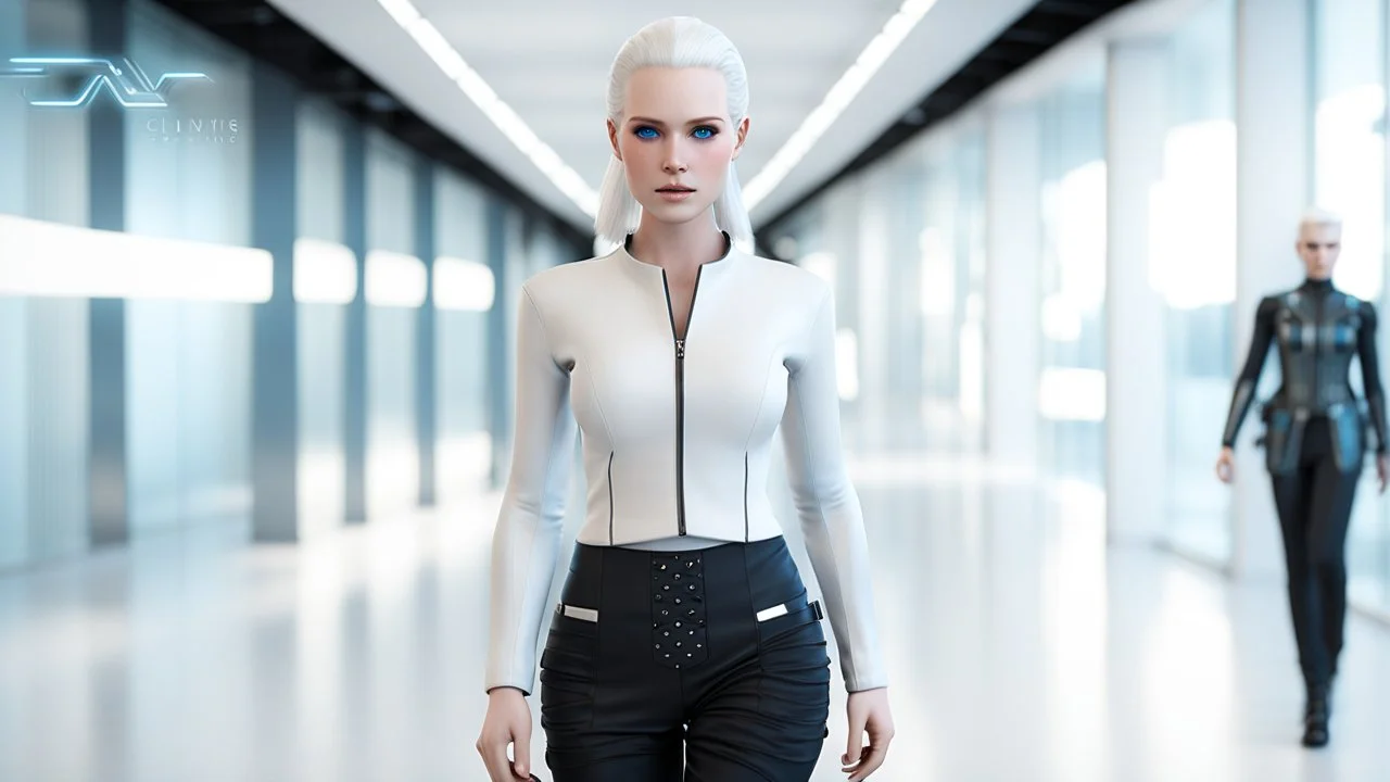 A captivating 3D render of Anita, a 25-year-old human android with unique features. She has short, white albino hair styled neatly and tied back, complementing her flawless white skin.Her striking blue eyes are surrounded by freckles, adding to her kind and approachable face. She stands in futurisctic white-blue-black cloth in a futuristic office , designed with sleek modern lines and cutting-edge technology. The photorealistic quality