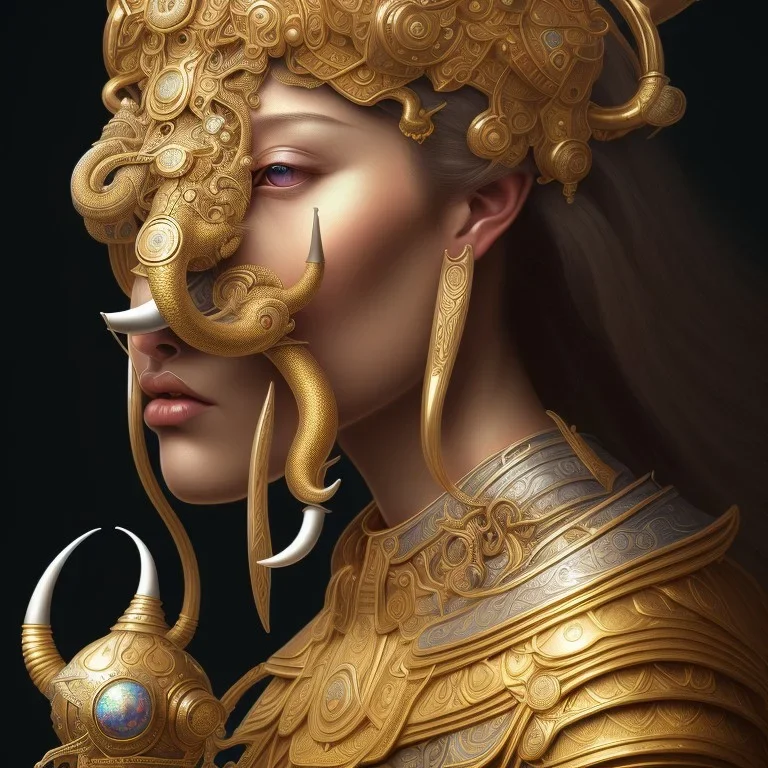 Sango fantasy, fantasy magic, intricate, sharp focus, illustration, highly detailed, digital painting, concept art, matte, art germ and Paul Lewin and Kehinde Wiley, masterpiece silver elephant head bronze Buddha Asian African girl nice breast Hawaiian hair turquoise golden waves