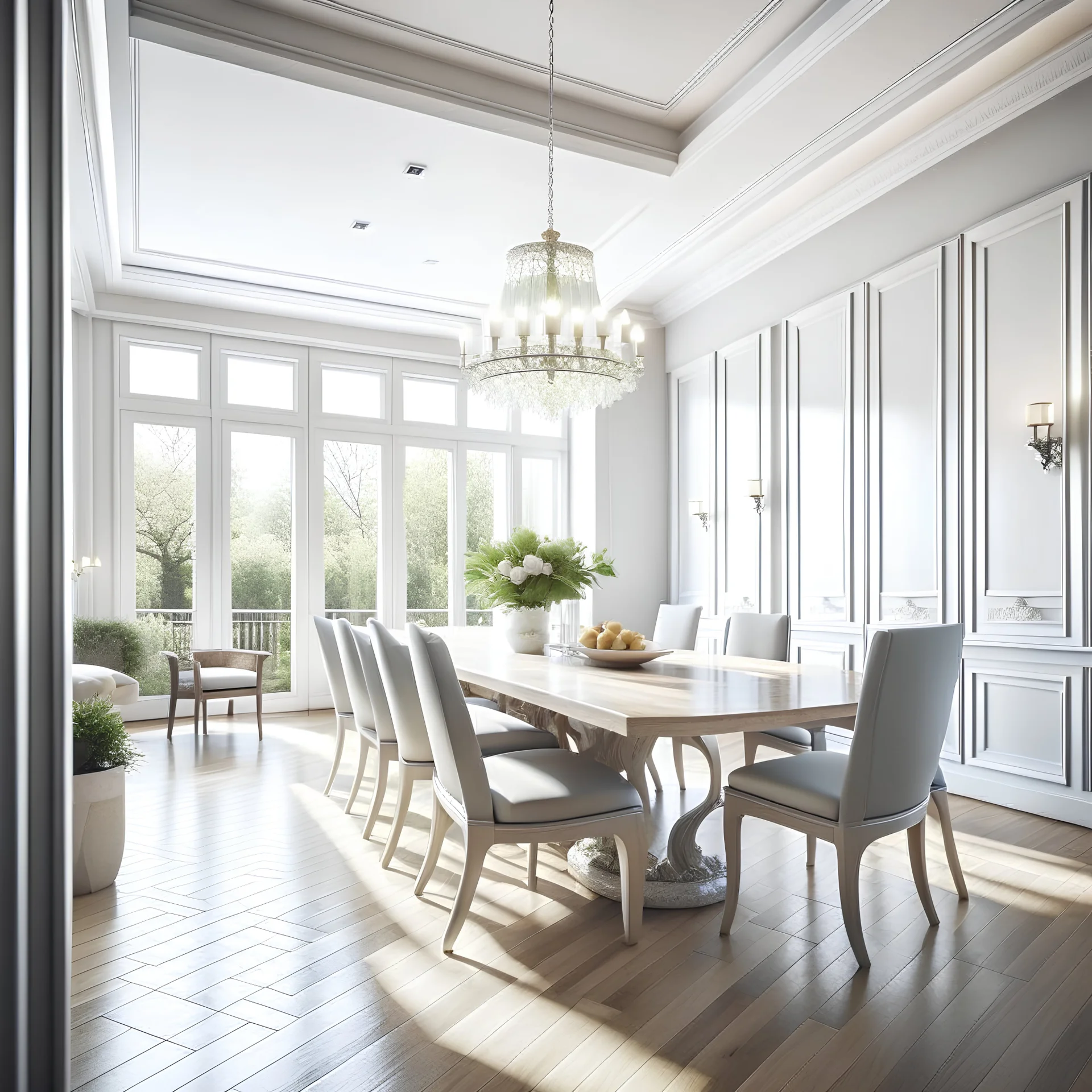 Design the interior decoration of a dining room with a lot of natural light and modern with a light color theme in french style