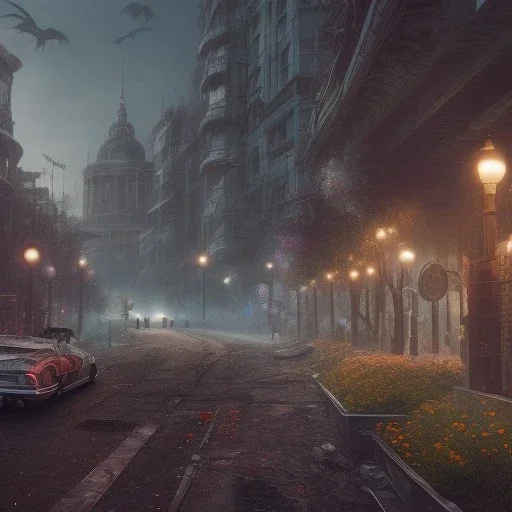 Alien bird post apocalyptic night city, sunny atmosphere, amazing detail, realistic, flowers, 8K, cinematic lighting, unreal engine