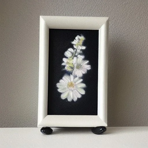 tiny oil painting of single long stem pressed flower, white canvas, modern frame, shadows, ghostly, melancholy, tender, moody, vintage, delicate arrangement, beautiful composition, etsy, aesthetic layout, plain solid white background