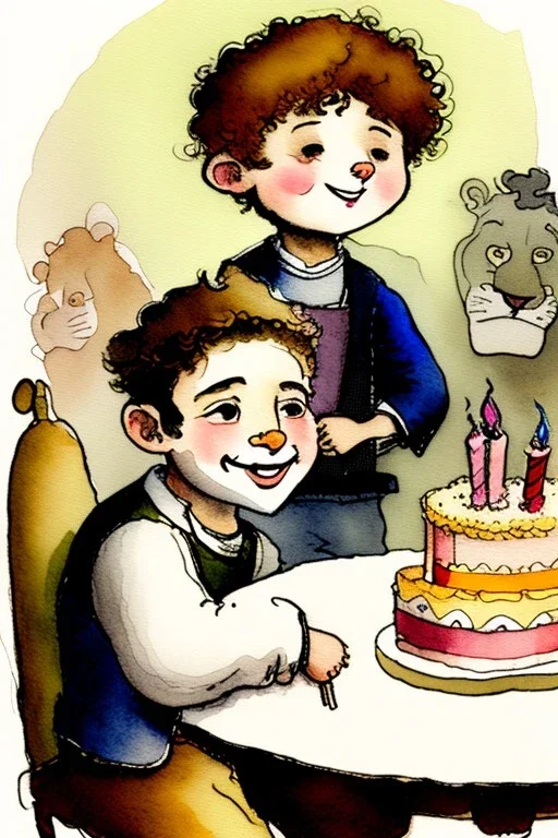 A cute smiling jewish boy wearing a kippah. Boy and lion are sitting at a table with a birthday cake. Watercolour