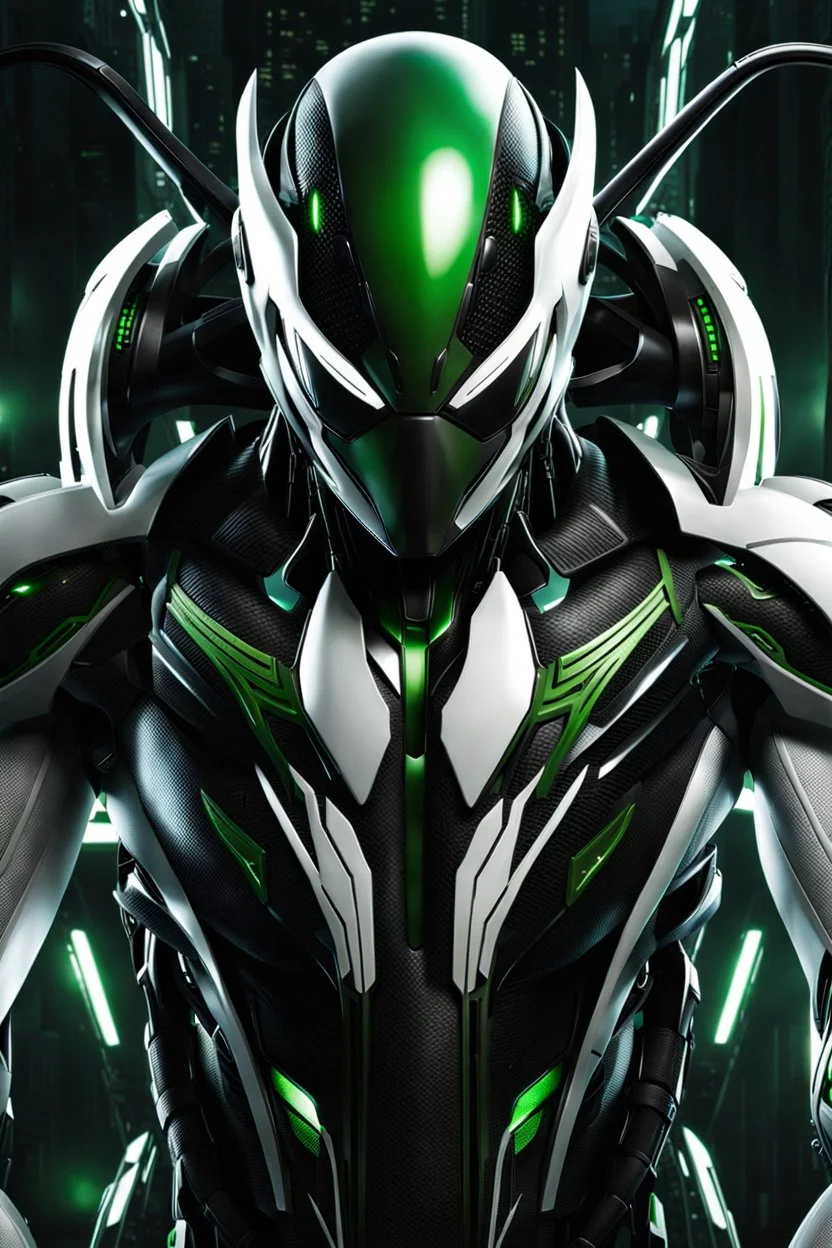 Cyborg symbiote, white color, green color, tendrils, high tech, cyberpunk, biopunk, membrane wings, carbon fiber, cyber tentacles, and the other two.