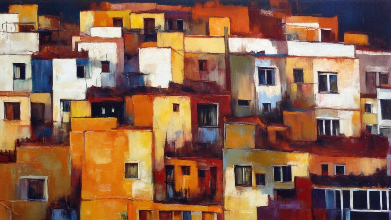 A colorful abstract cityscape with densely packed buildings in warm tones of orange, yellow, and red, set against a dramatic sky with swirling colors