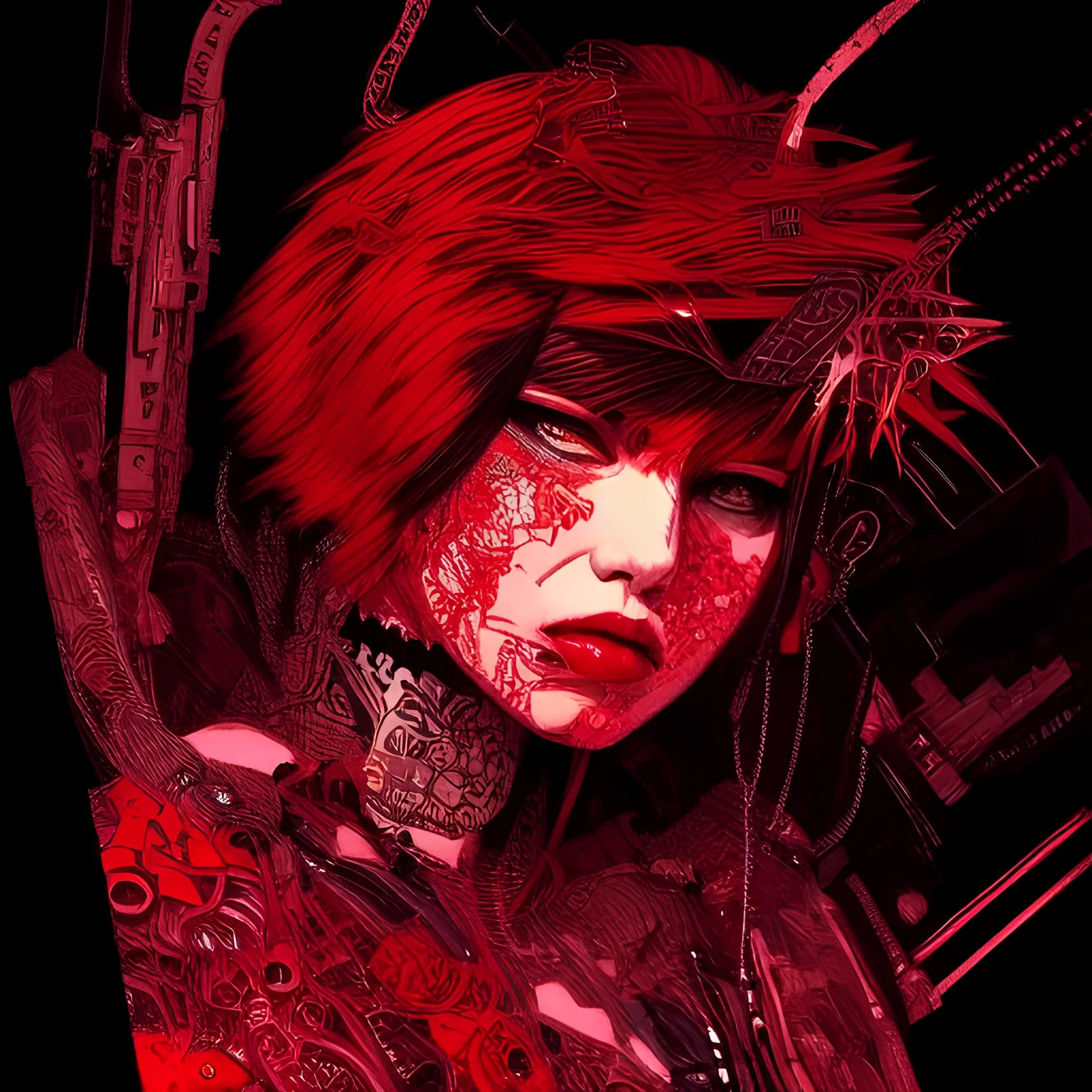 beautiful punk girl, hyper detailed, hyperdetailed, intricately detailed, illustration by <kilian eng> <Yoji Shinkawa>, darkred tones,