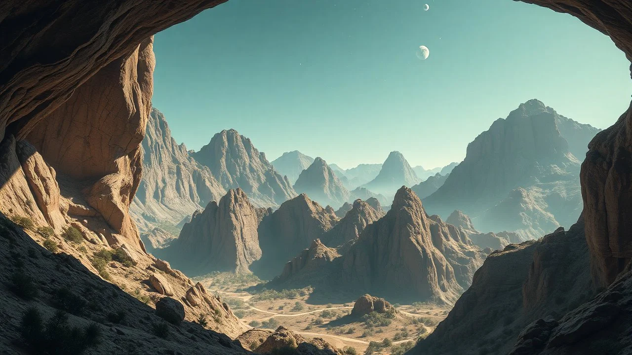 Oasis in a hollow mountain with alien reliefs