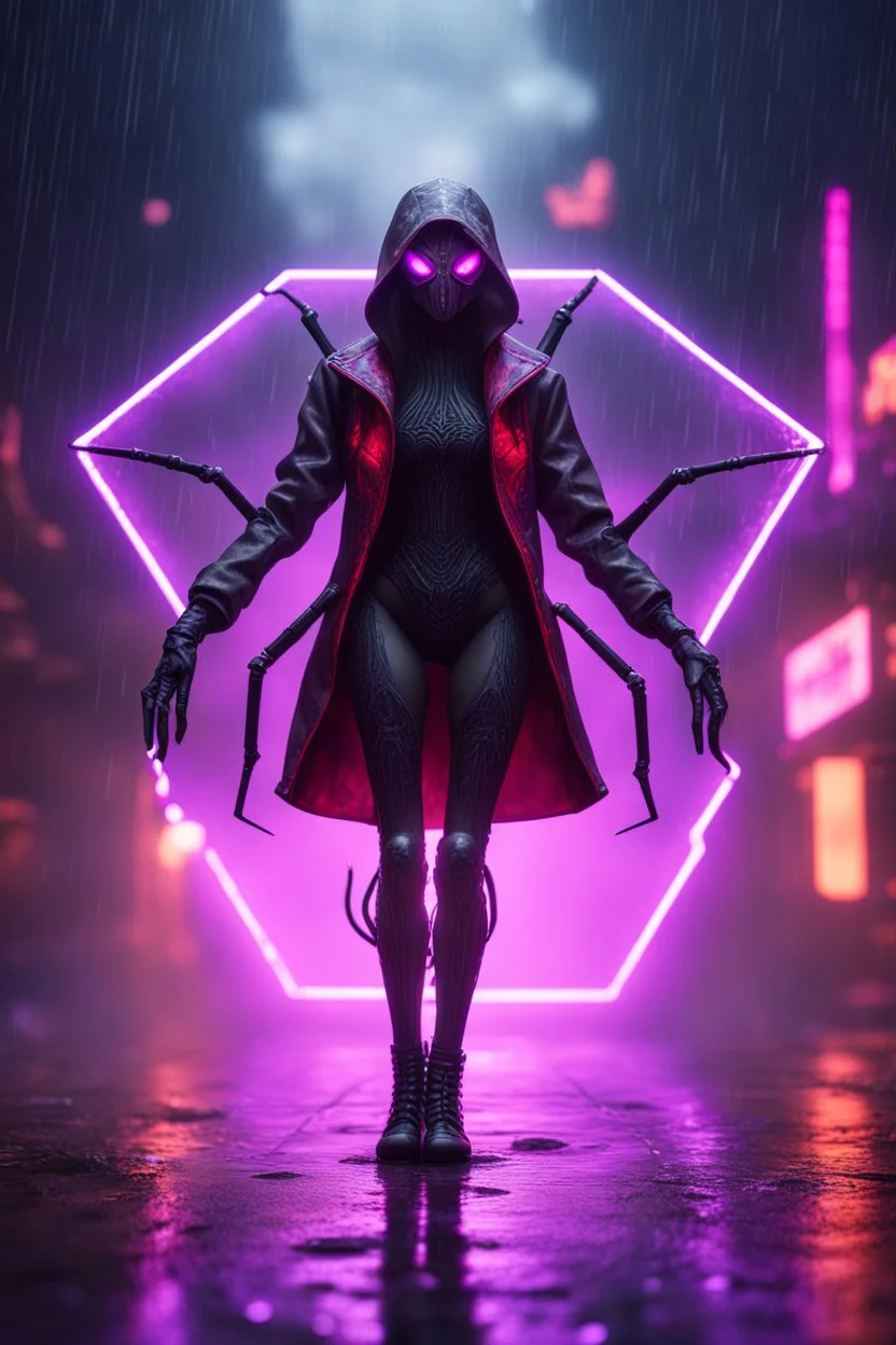 Volumetric fog spider lights,paradise sacred geometry framed playing card, black, red, spore and purple neon fire cyber punk dancer thief in soaked rain coat shadows boss card in the style of giger and fallout 4 ,,bokeh like f/0.8, tilt-shift lens 8k, high detail, smooth render, down-light, unreal engine