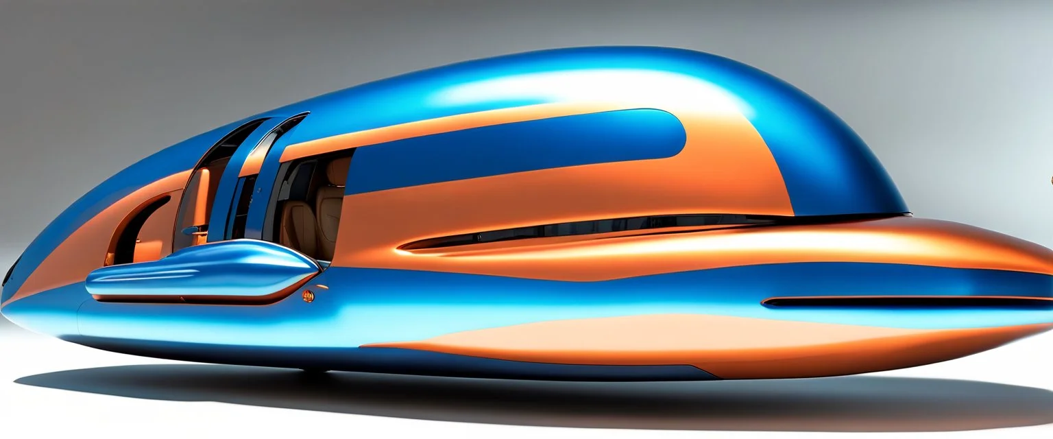 award winning car and driver photograph of a futuristic station wagon dirigible hybrid designed by only one vehicle per image painted metallic orange traveling at a high rate of speed, jet intake off of front center of vehicle and jet exhaust out the rear with bright blue flame, bilaterally symetrical, more a high speed road vehicle