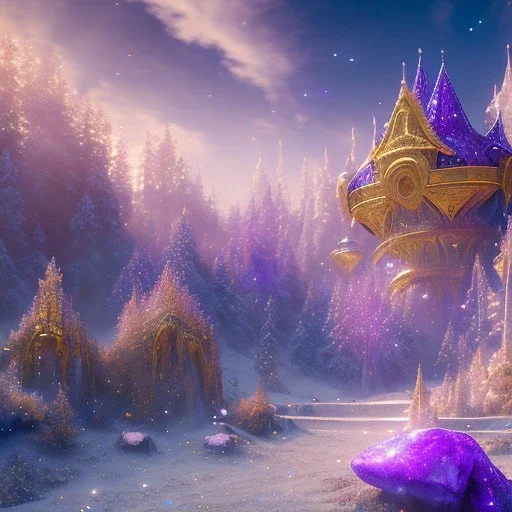 blue gold and violet landscape with multicolored crystals falling from the sky, full of details, smooth, bright sunshine，soft light atmosphere, light effect，colorful, concept art, smooth, extremely sharp detail, finely tuned detail, ultra high definition, 8 k, unreal engine 5, ultra sharp focus