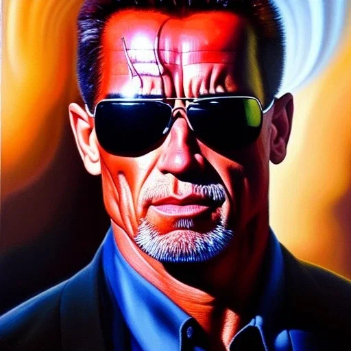 ultra detailed fullbody Portrait in oil on canvas of Terminator ,intense stare,extremely detailed digital painting, extremely detailed face, crystal clear eyes, mystical colors ,perfectly centered image, perfect composition,rim light, beautiful lighting, 8k, stunning scene,extremely sharp detail, finely tuned detail, ultra high definition raytracing, in the style of Simon Bisley and robert e howard and Luis Royo and and Ohrai Noriyoshi